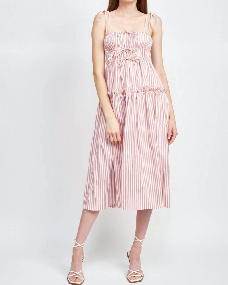 Front of a model wearing a size L Striped Sleeveless Dress in Pink in Pink by En Saison. | dia_product_style_image_id:339812